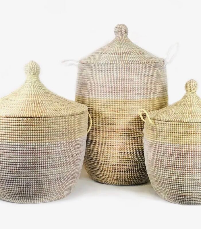 Senegalese Storage Basket with lid- Two Tone Natural and white