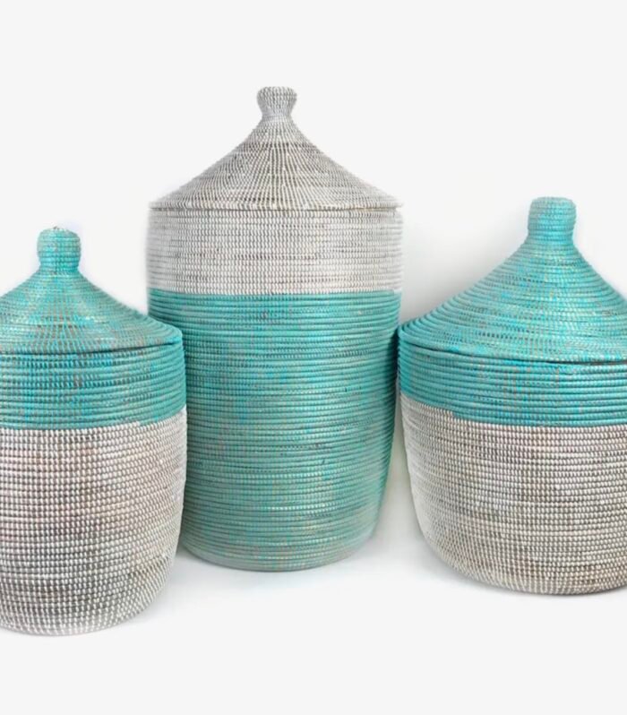 Handwoven storage basket with lid -turquoise| white