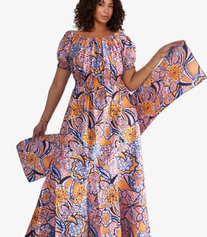 Women's Floral Maxi Dress with Short puff Sleeves