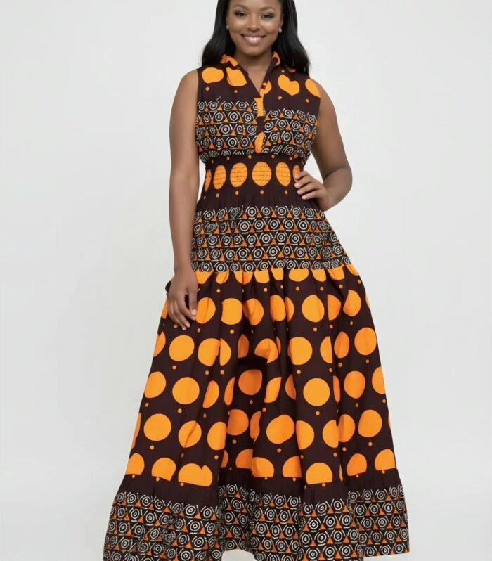 Women's African Print Smocked Maxi Dress With Matching Scarf