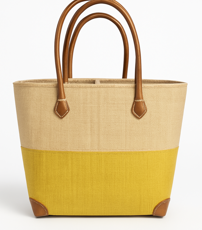 Handwoven Two-Tone Raffia Tone Bag with Leather Handles