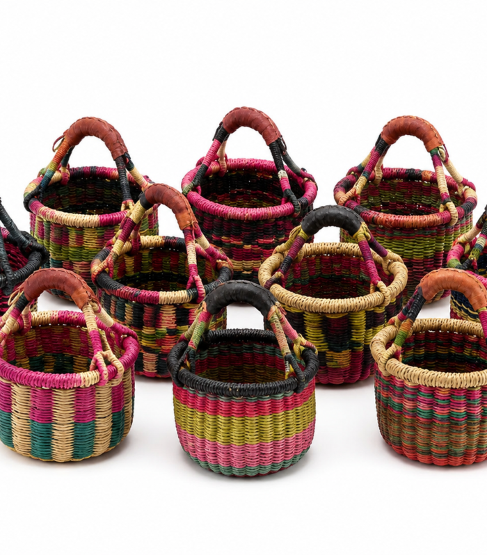 5-Inch Mini Ghana Handwoven Basket with Leather Handle – Assorted Colors