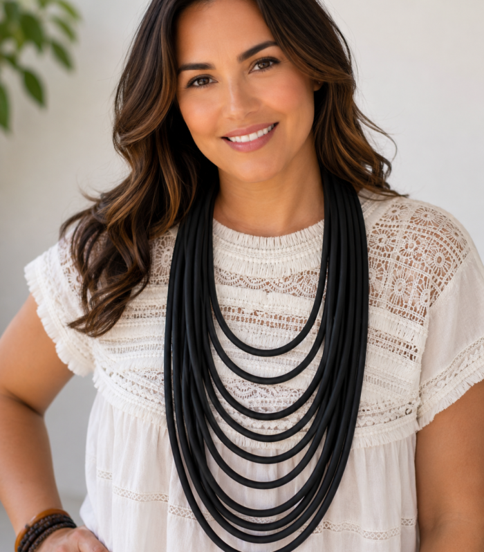 Black wave statement necklace with lightweight layered silicone loops