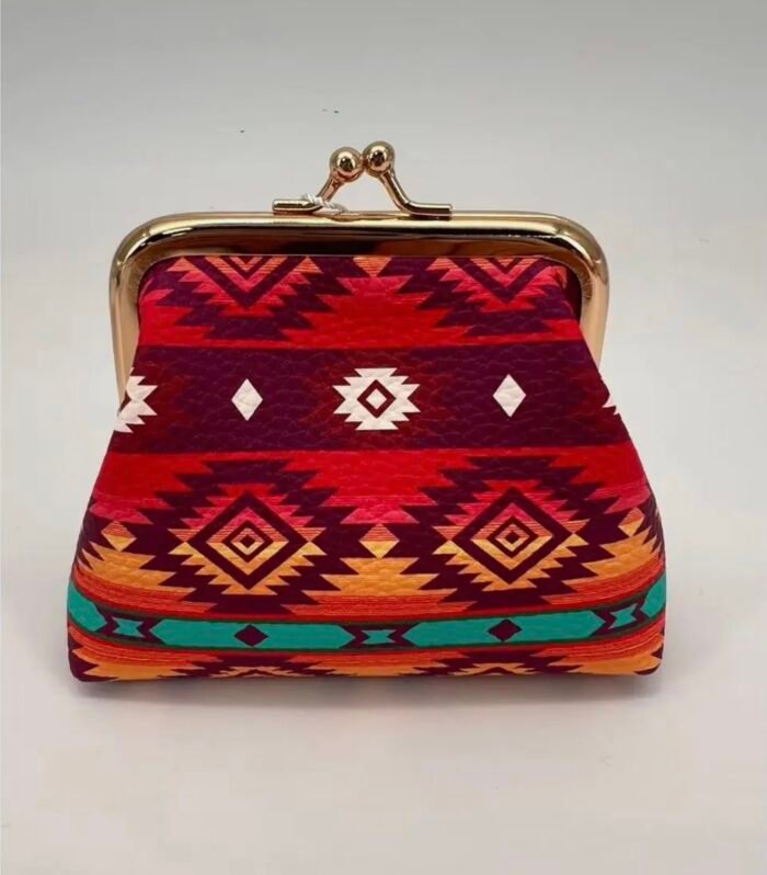 Stylish coin purse featuring a Southwestern-inspired pattern, secure gold clasp, and compact design perfect carrying coins, cash, and small essentials