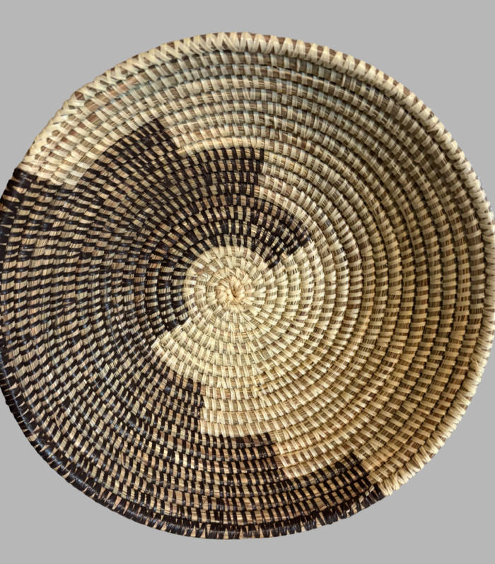 Medium natural sweetgrass decorative with black woven tray basket pattern handmade in Senegal