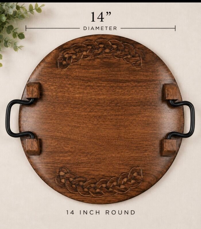 Large 14-inch handcrafted mango wood serving tray with rustic metal accents and built-in handles.