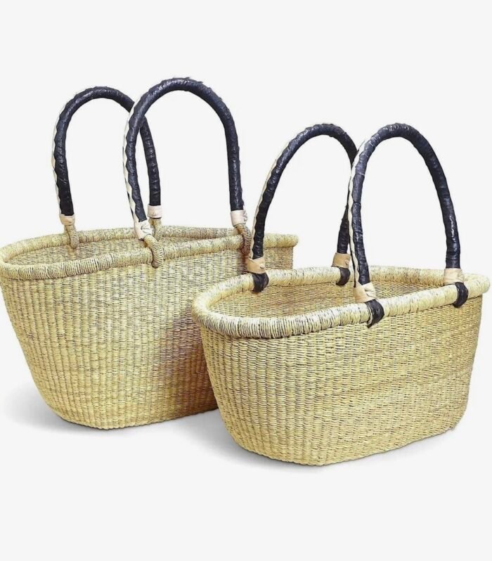 Medium natural handwoven basket tote with black leather handles