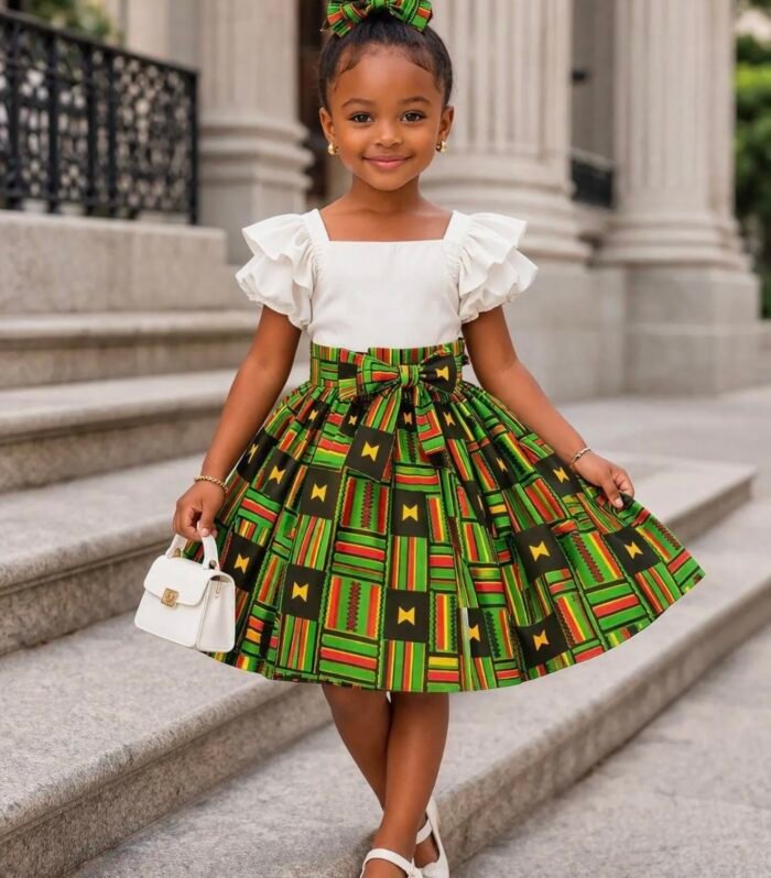 Girls green Kente African print skirt with matching bow headband ages 3–5