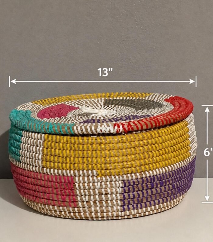 Handwoven African Multicolor Lidded Storage Basket – 13” × 6”