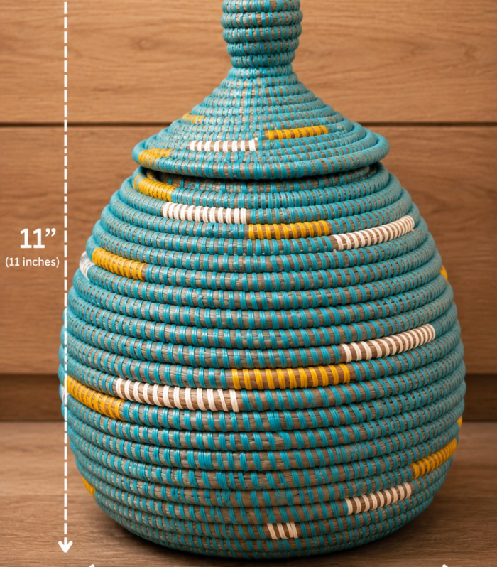Handmade in Senegal Turquoise African Lidded Basket – 8” × 11”