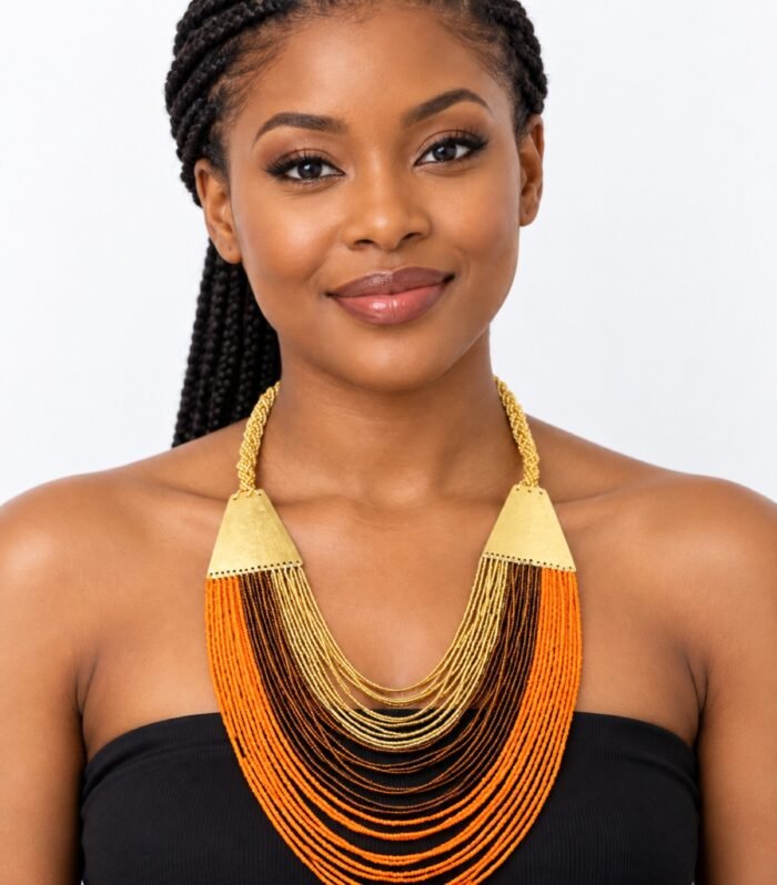 Beaded Waterfall Necklace – Orange & Gold