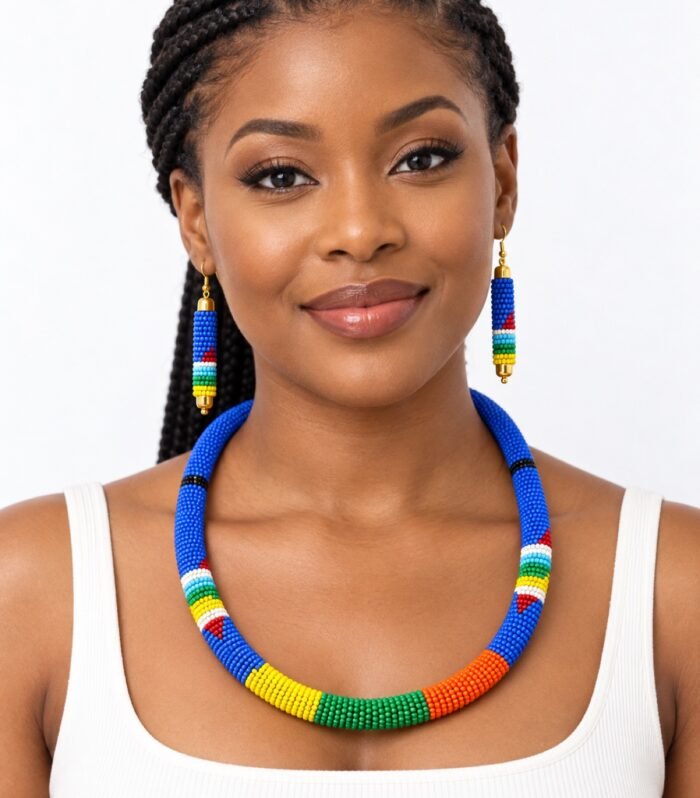 Beaded Necklace & Earring Set – Royal Blue Rainbow