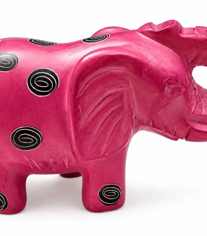 Pink Spiral painted elephant figurine side view