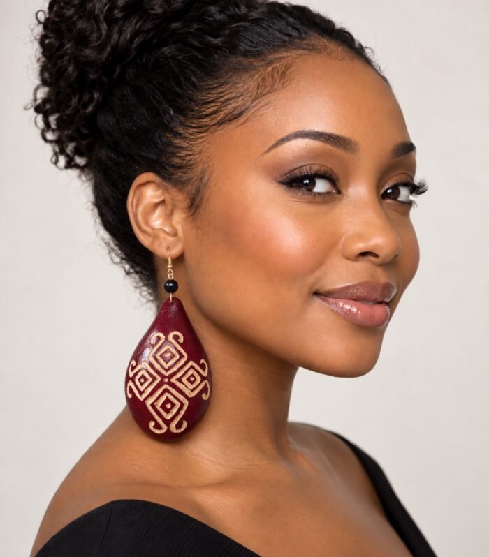 Handmade African calabash diamond earrings in brown worn by model