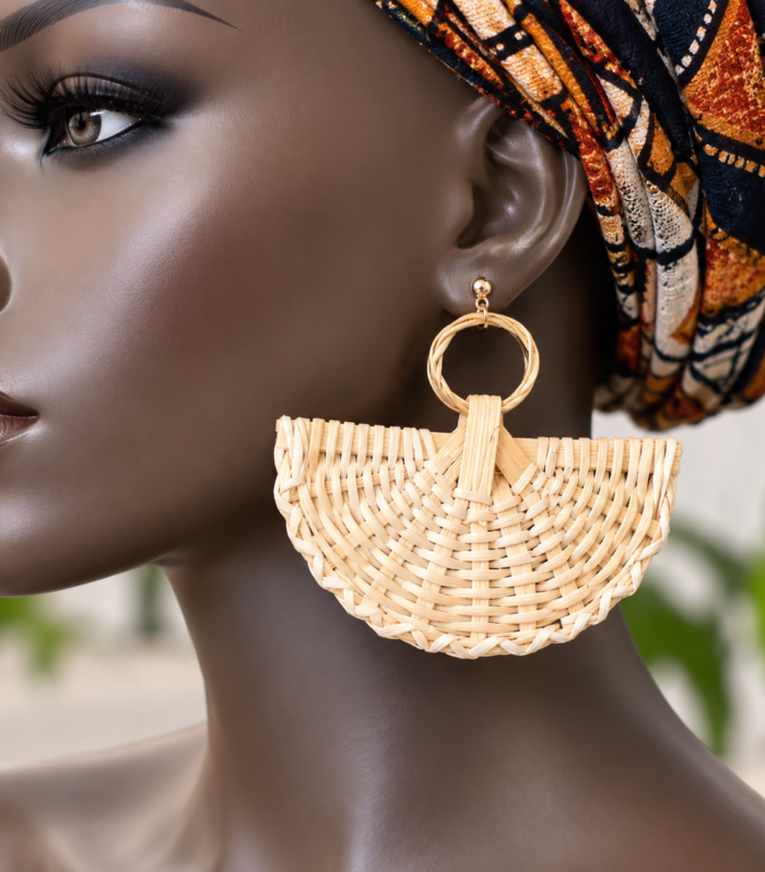 Handwoven Natural Rattan Fan Earrings – African-Inspired Statement Earrings – Smith Cultural Trove