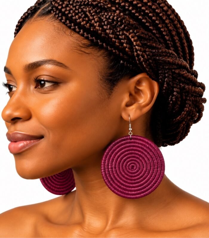 Handwoven raffia spiral disc earrings in wine red worn by model