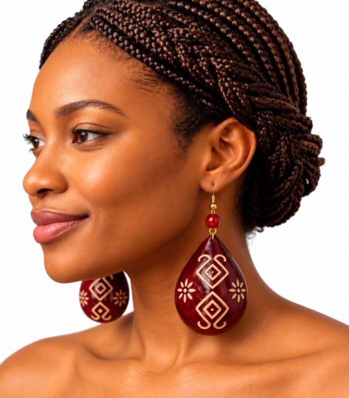 Handmade African calabash starburst earrings in brown worn by model